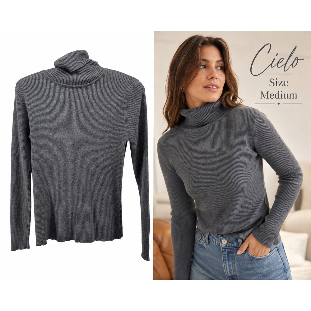 Cielo California Women's Medium Gray Ribbed Turtleneck Sweater Long Sleeve